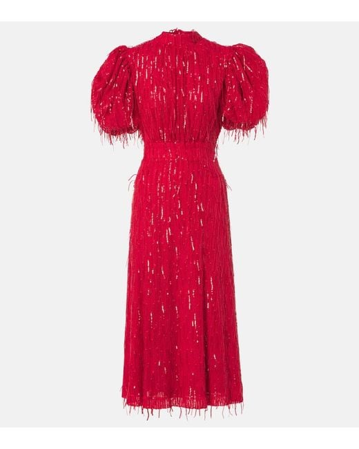 ROTATE BIRGER CHRISTENSEN Red Sequined Puff-Sleeve Midi Dress