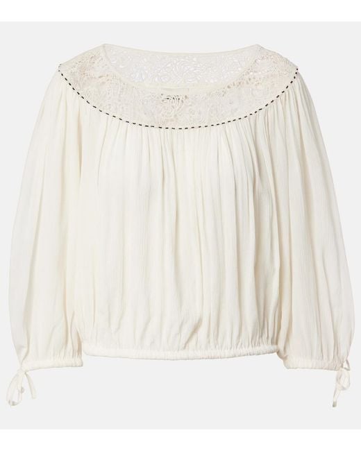 Isabel Marant White Nelida Guipure Lace-Trimmed Silk Blouse