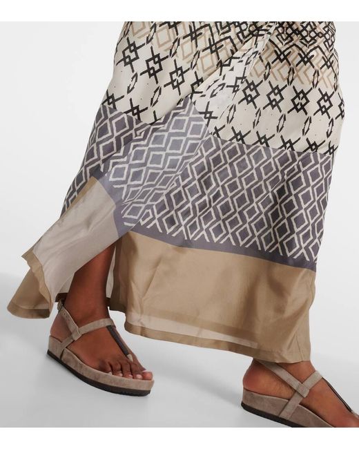 Brunello Cucinelli White Printed Halterneck Silk Maxi Dress