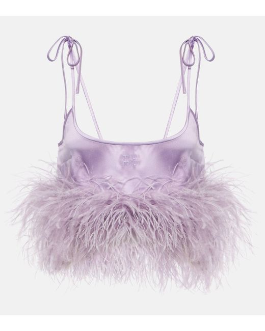 Miu Miu Purple Feather-trimmed Logo Satin Crop Top