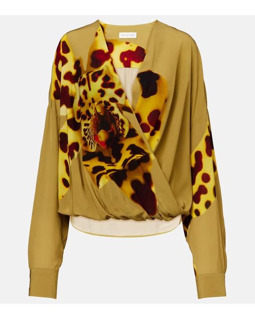 Dries Van Noten Yellow Printed Draped Satin Blouse