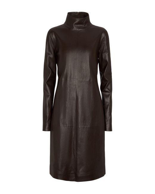 Bottega Veneta Leather Turtleneck Eather Midi Dress in Brown - Lyst