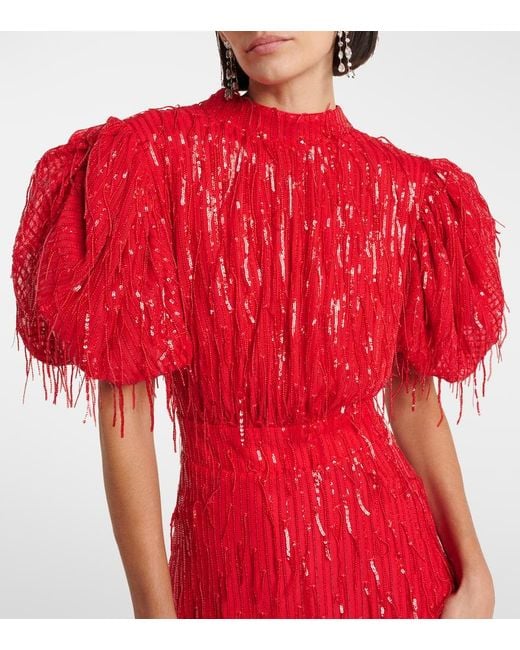 ROTATE BIRGER CHRISTENSEN Red Sequined Puff-Sleeve Midi Dress