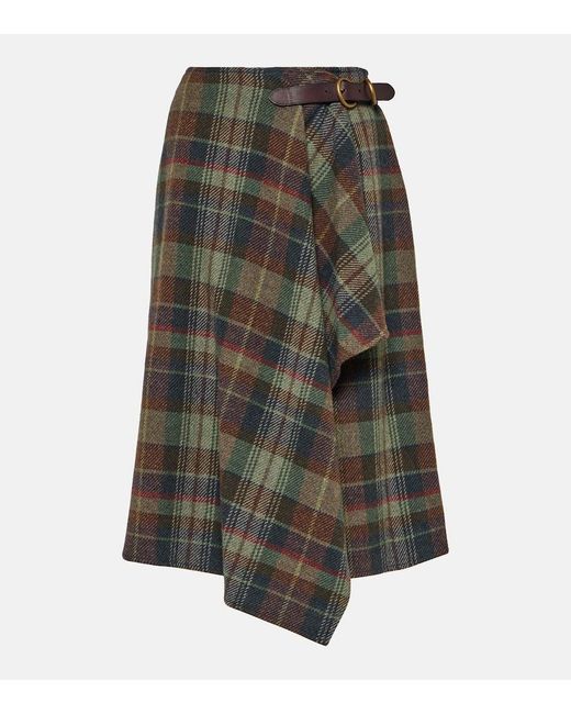 Polo Ralph Lauren Gray Draped Checked Wool-blend Midi Skirt