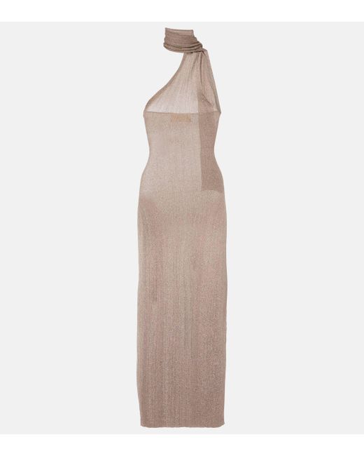 AYA MUSE Natural Scarf-detail Lame Maxi Dress