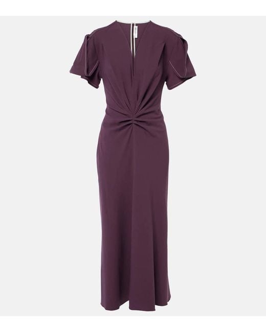 Victoria Beckham Purple Wool-Blend Gathered-Waist Midi Dress