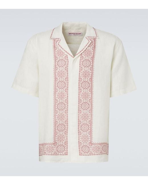 Orlebar Brown White Maitan Printed Linen Bowling Shirt for men