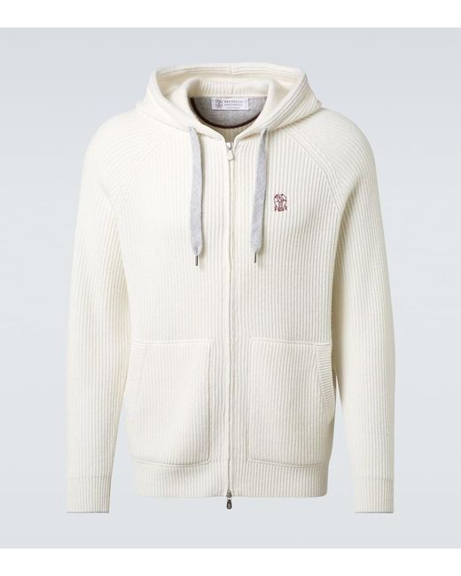 Brunello Cucinelli White Ribbed-Knit Cashmere Zip-Up Hoodie for men
