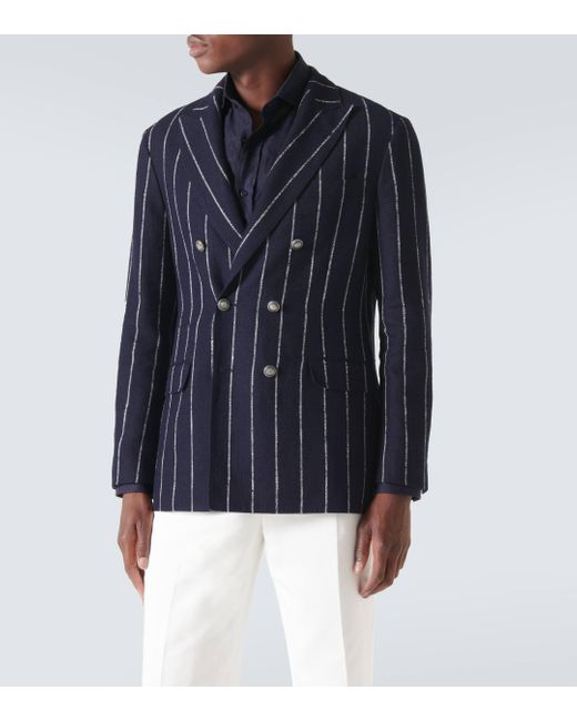 Brunello Cucinelli Blue Chalk Stripe Linen, Wool, And Silk-blend Blazer for men