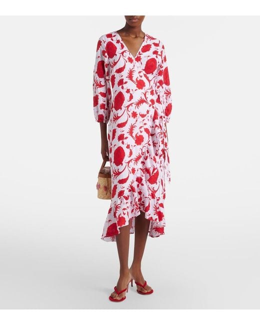 Heidi Klein Red Evia Floral Ruffled Linen Wrap Dress