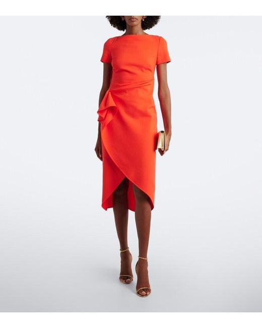 Oscar de la Renta Orange Draped Wool-Blend Midi Dress