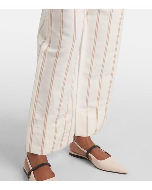Brunello Cucinelli White Cropped Striped Linen And Cotton-Blend Wide-Leg Pants