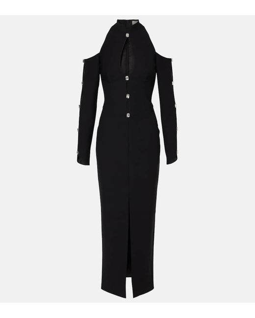 Rasario Black Crystal-Embellished Crepe Midi Dress
