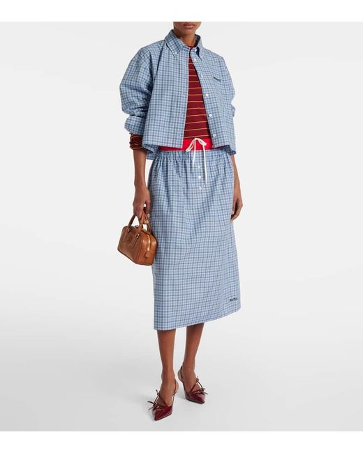 Miu Miu Blue Cropped Checked Cotton Shirt
