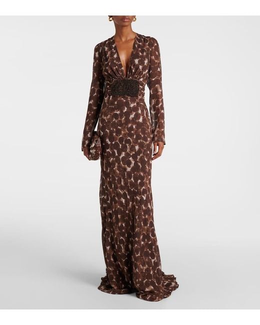 Robe Longue Imprimee En Soie Dries Van Noten en coloris Brown