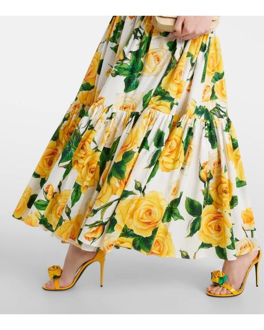 Falda de volantes larga de algodón con estampado de rosas amarillas Dolce & Gabbana de color Yellow