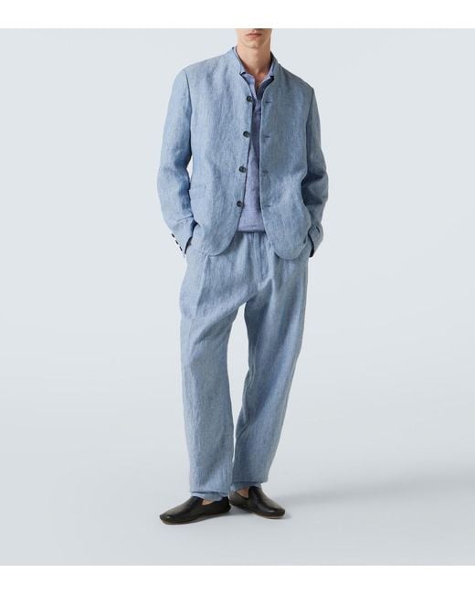 Giorgio Armani Blue Single-Breasted Linen Jacket for men