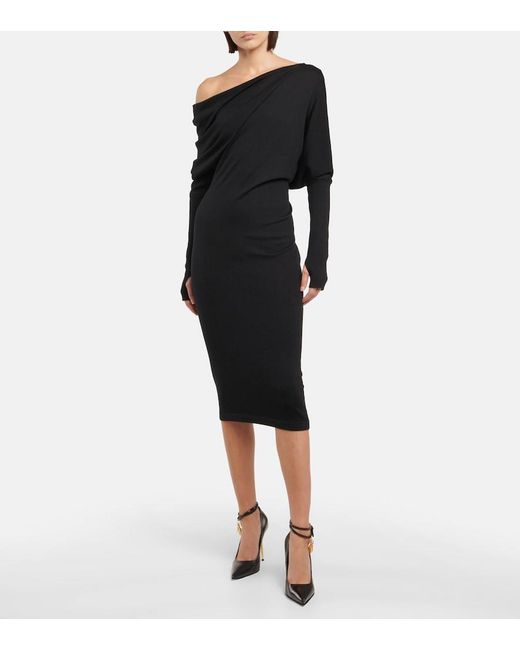 Tom Ford Black Cashmere And Silk Off-Shoulder Midi Dress