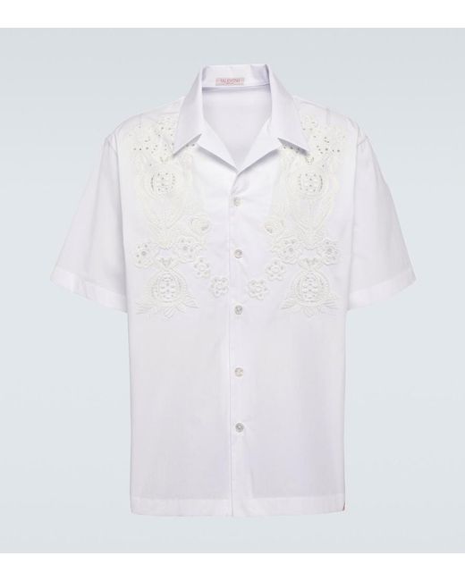 Valentino White Embroidered Cotton Poplin Bowling Shirt for men