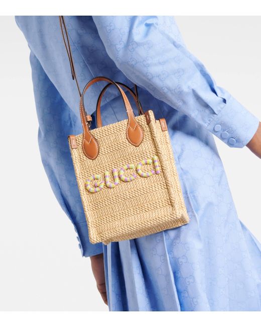 Gucci Brown Mini Logo Raffia Tote Bag
