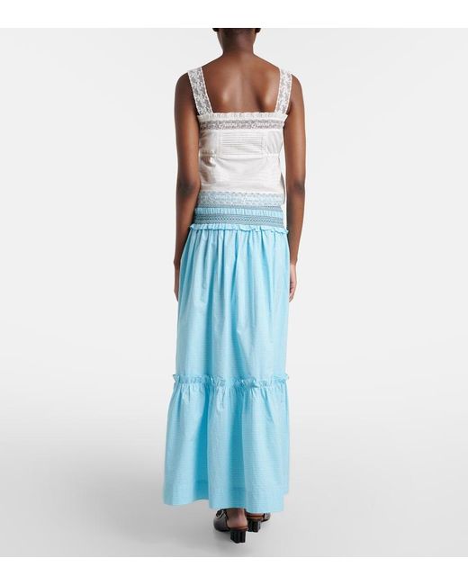 Ganni Blue Embroidered Gingham Cotton Poplin Maxi Skirt
