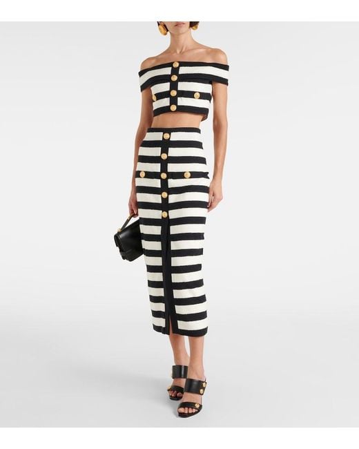 Balmain Black Striped Off-Shoulder Crop Top