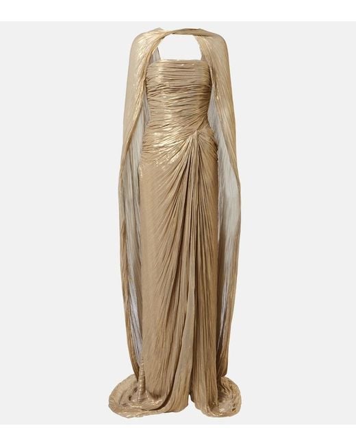 Marmar Halim Natural Caped Pleated Bustier Gown