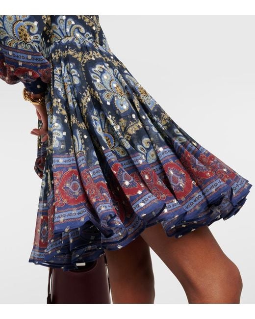 Etro Blue Balloon-Sleeve Silk Jacquard Minidress
