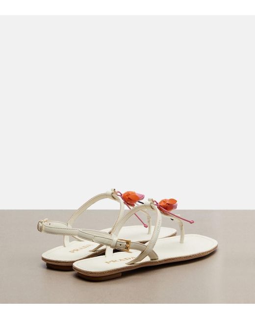 Prada White Floral-Applique Leather Thong Sandals