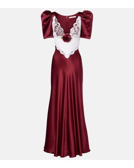 Rodarte Red Floral-Applique Lace-Trimmed Silk Gown