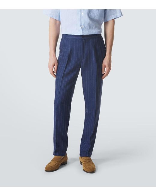 Rubinacci Blue Pinstripe Wool And Linen Straight Pants for men