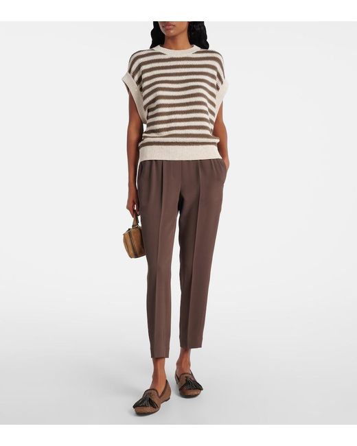 Brunello Cucinelli Brown Cropped Crepe Slim Pants