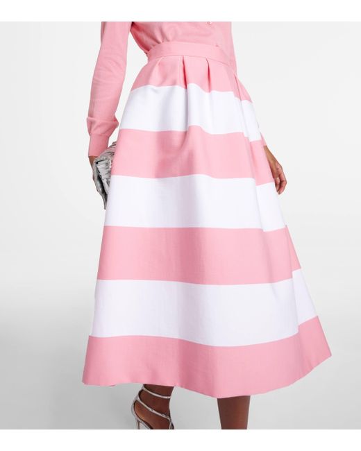 Carolina Herrera Pink Striped Pleated Cotton-blend Midi Skirt