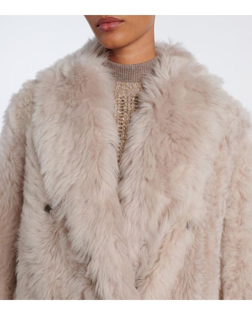 Brunello Cucinelli Natural Double-Breasted Shearling Coat