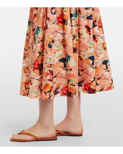 Ulla Johnson Orange Vidri Floral Cotton Poplin Midi Dress