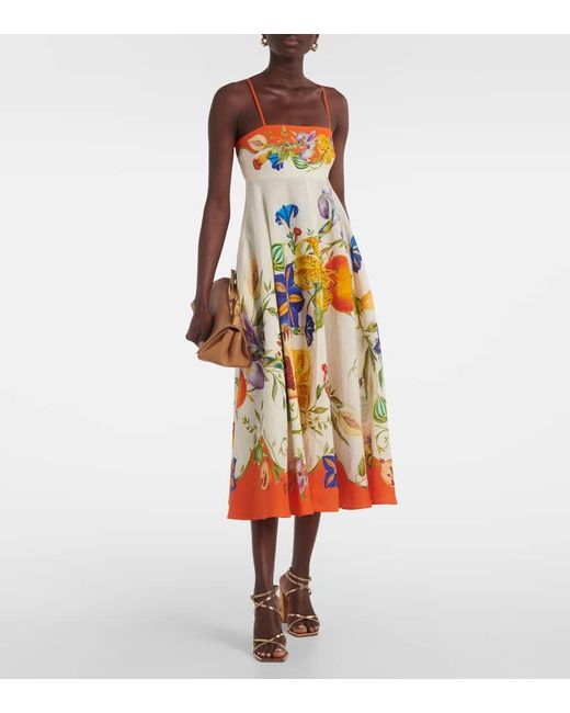 ALÉMAIS Orange Bedrucktes Midikleid Flores Aus Leinen