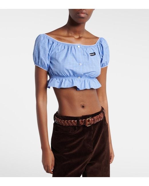 Miu Miu Blue Checked Cotton Poplin Crop Top