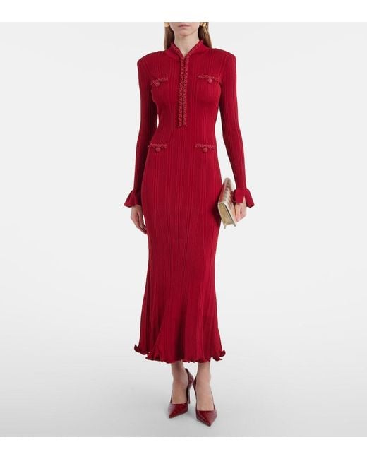 Self-Portrait Red Beaded Ribbed-Knit Midi Dress