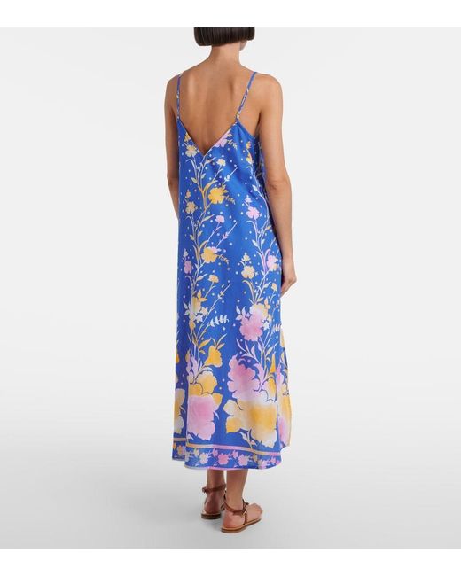 Juliet Dunn Blue Floral Cotton And Linen Midi Dress