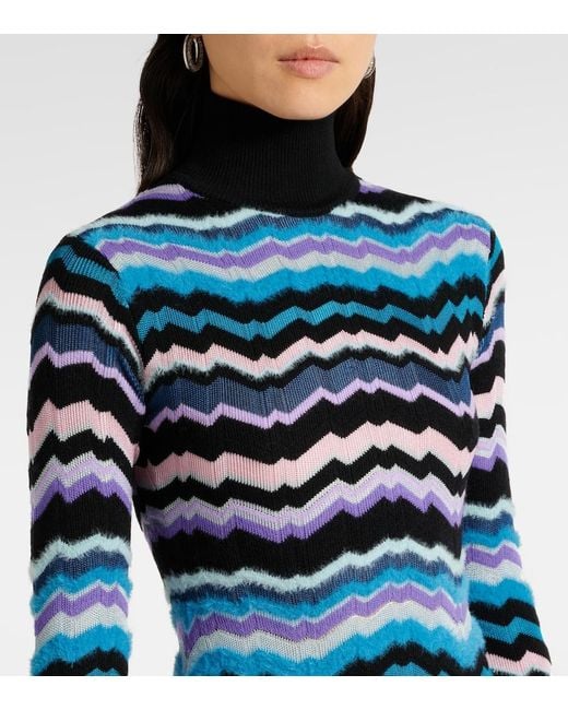 Missoni Blue Zigzag Knitted Turtleneck Midi Dress