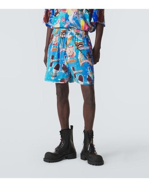 Balenciaga Blue Printed Satin Shorts for men