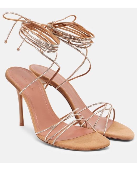 AMINA MUADDI Pink Lori 95 Embellished Suede Sandals