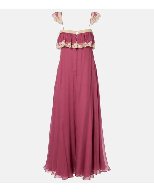 Chloé Purple Lace-Trimmed Silk Muslin Maxi Dress