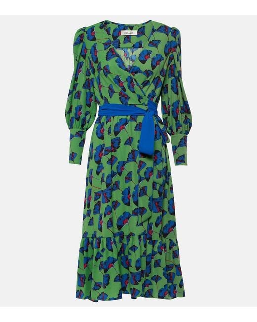 Diane von Furstenberg Green Blade Printed Crepe Wrap Dress