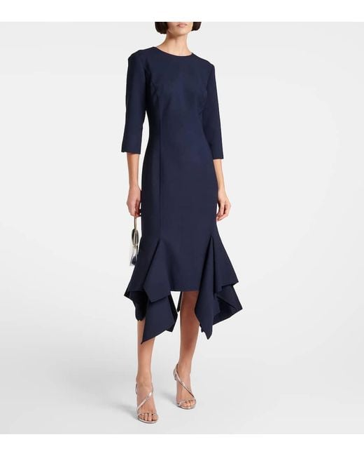 Oscar de la Renta Blue Pleated Wool-Blend Midi Dress
