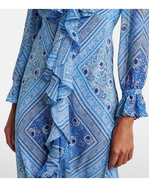 Rixo Blue Gracye Ruffled Silk Maxi Dress