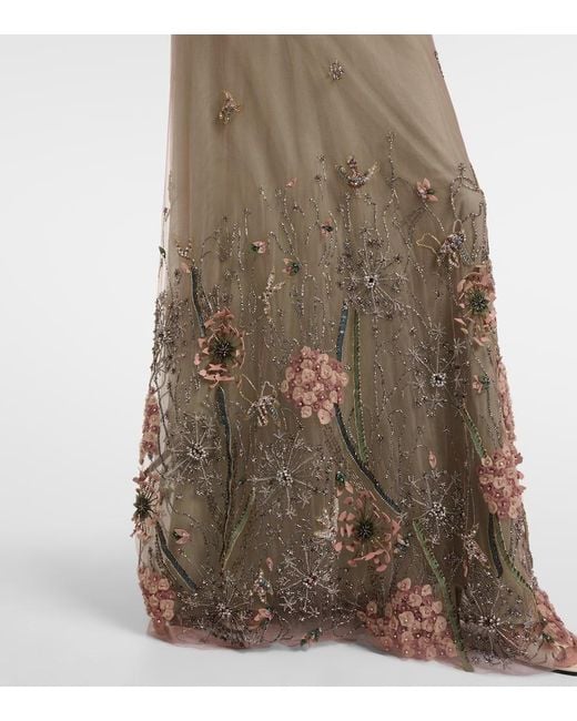 Costarellos Natural Floral Embellished Gown