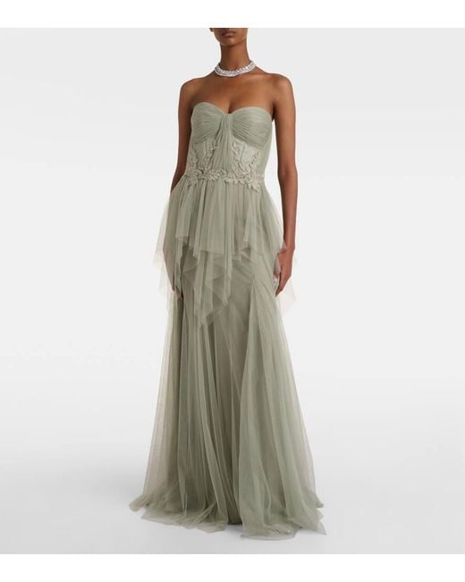 Costarellos Green Embellished Tulle Corset Gown