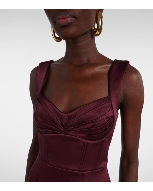 Rebecca Vallance Purple Merlot Ruched Satin Midi Dress