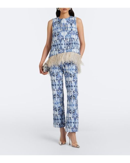 LaDoubleJ Blue La Scala Feather-Trimmed Cotton Top